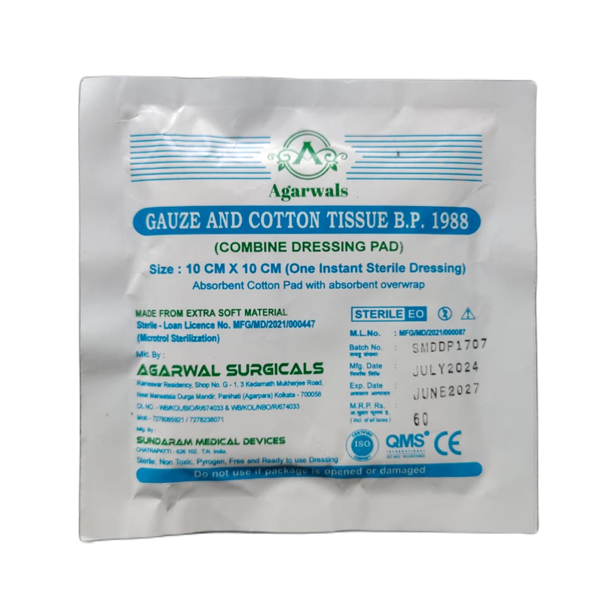 Agarwals Premium Sterile Combine Dressing Surgical Pad 10cm x 10cm (Pack of 5)