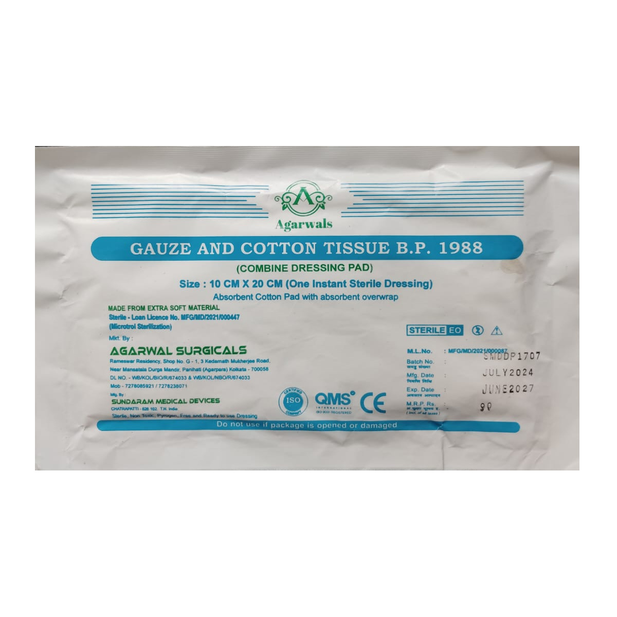 Agarwals Premium Sterile Combine Dressing Surgical Pad 10cm x 20cm (Pack of 3)