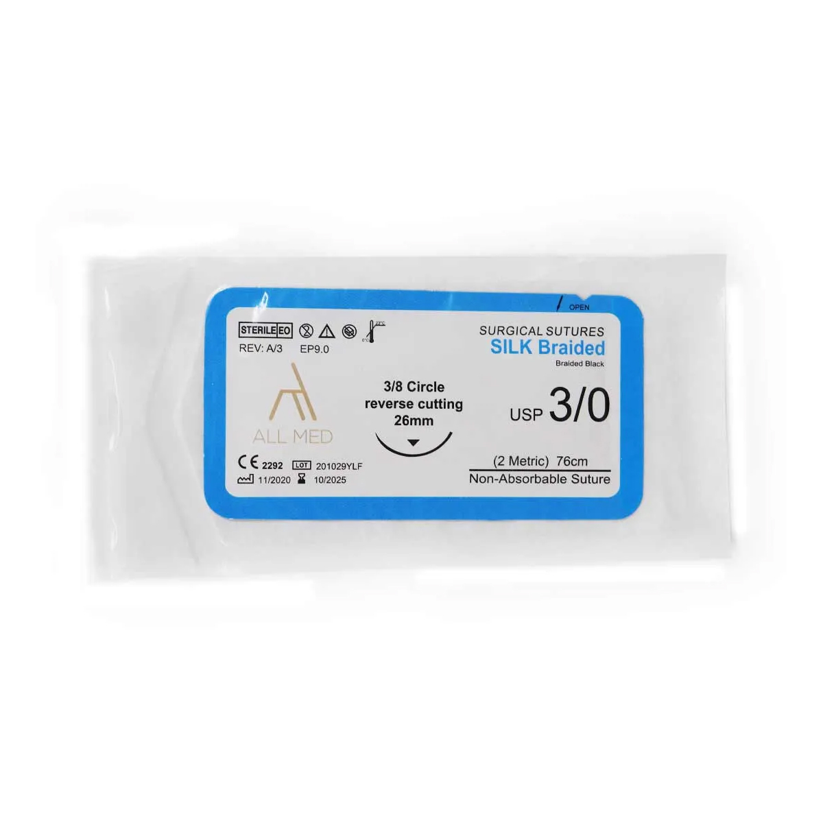 All Med Silk Braided 3-0 3/8 Circle Reverse Cutting Suture (Pack Of 1) - 26mm