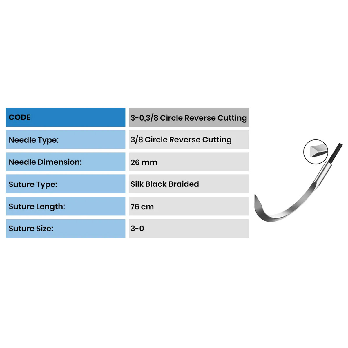 All Med Silk Braided 3-0 3/8 Circle Reverse Cutting Suture (Pack Of 12) - 26mm