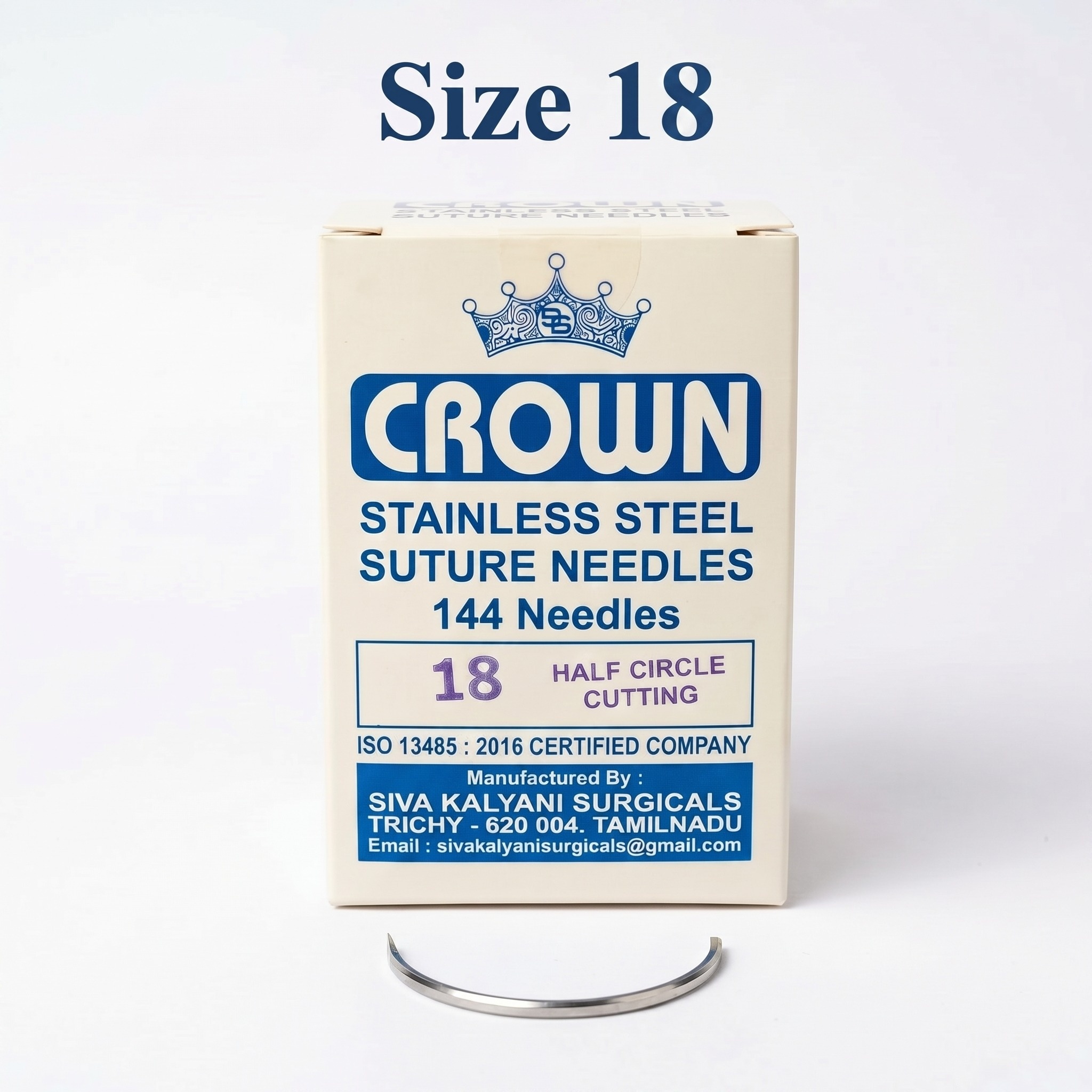 Crown Stainless Steel Half Circle Cutting Suture Needle - Size 18 (Pack of 144 needles)