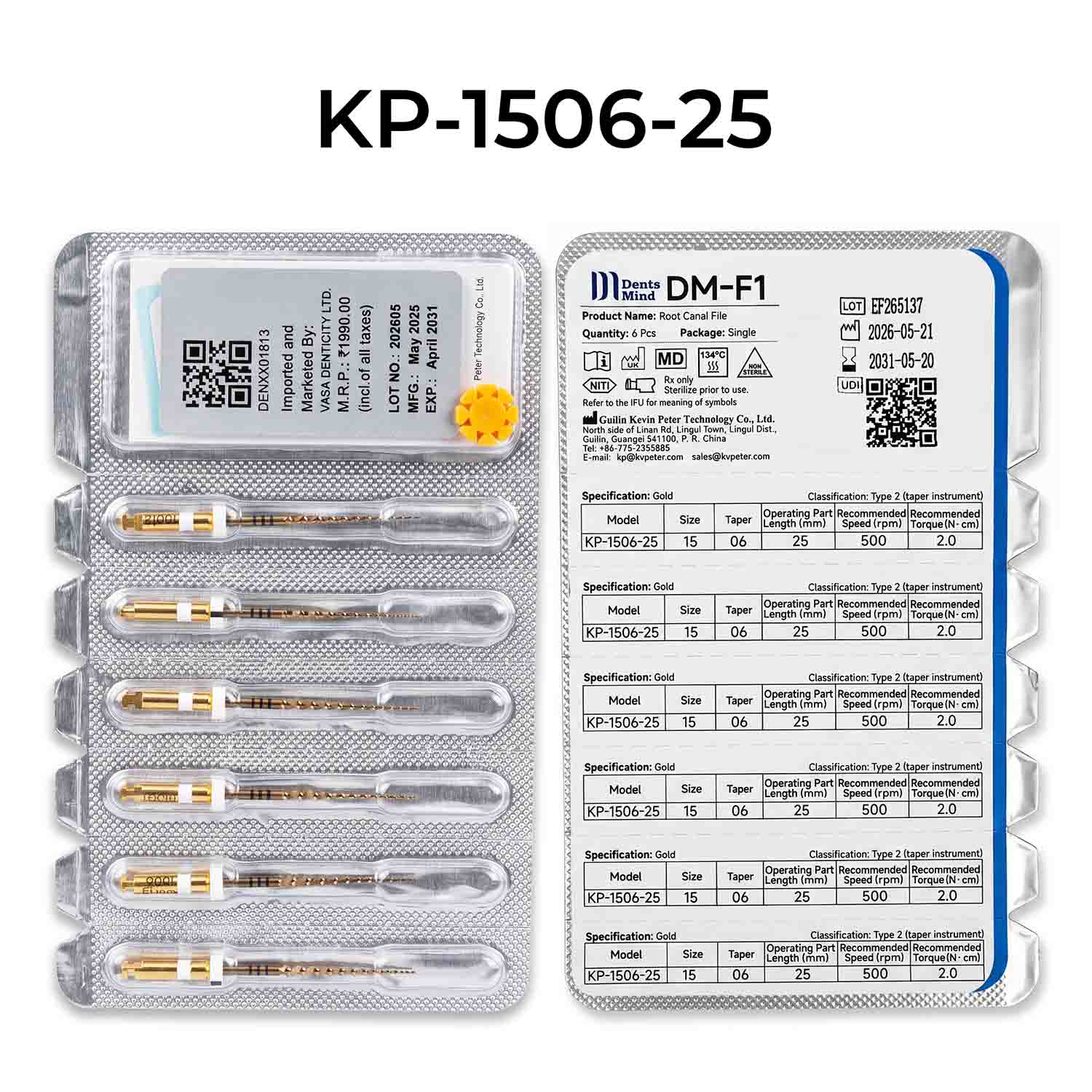 DentsMind DM-F1 NiTi Gold Rotary Files 25mm - 15/6% (Pack of 6)
