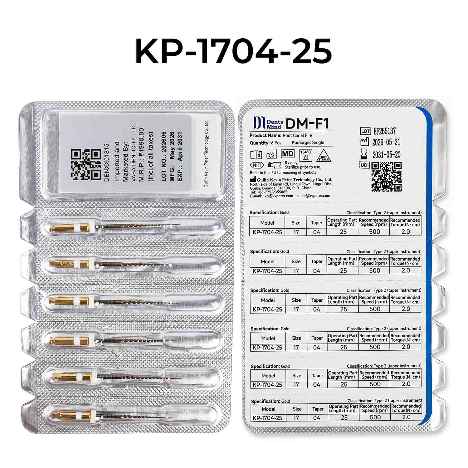 DentsMind DM-F1 NiTi Gold Rotary Files 25mm - 17/4% (Pack of 6)