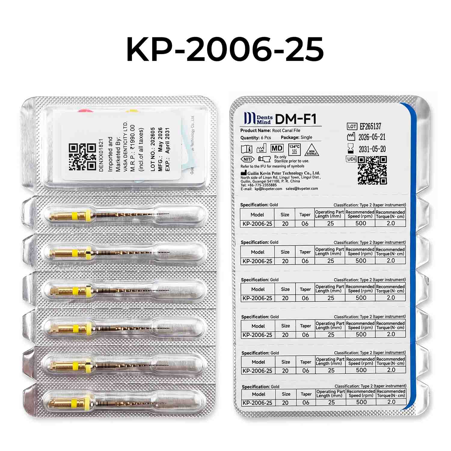 DentsMind DM-F1 NiTi Gold Rotary Files 25mm - 20/6% (Pack of 6)