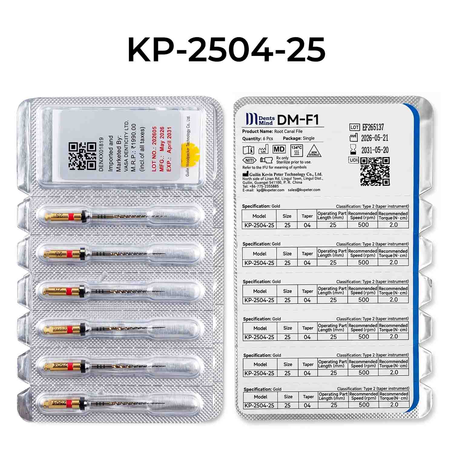 DentsMind DM-F1 NiTi Gold Rotary Files 25mm - 25/4% (Pack of 6)