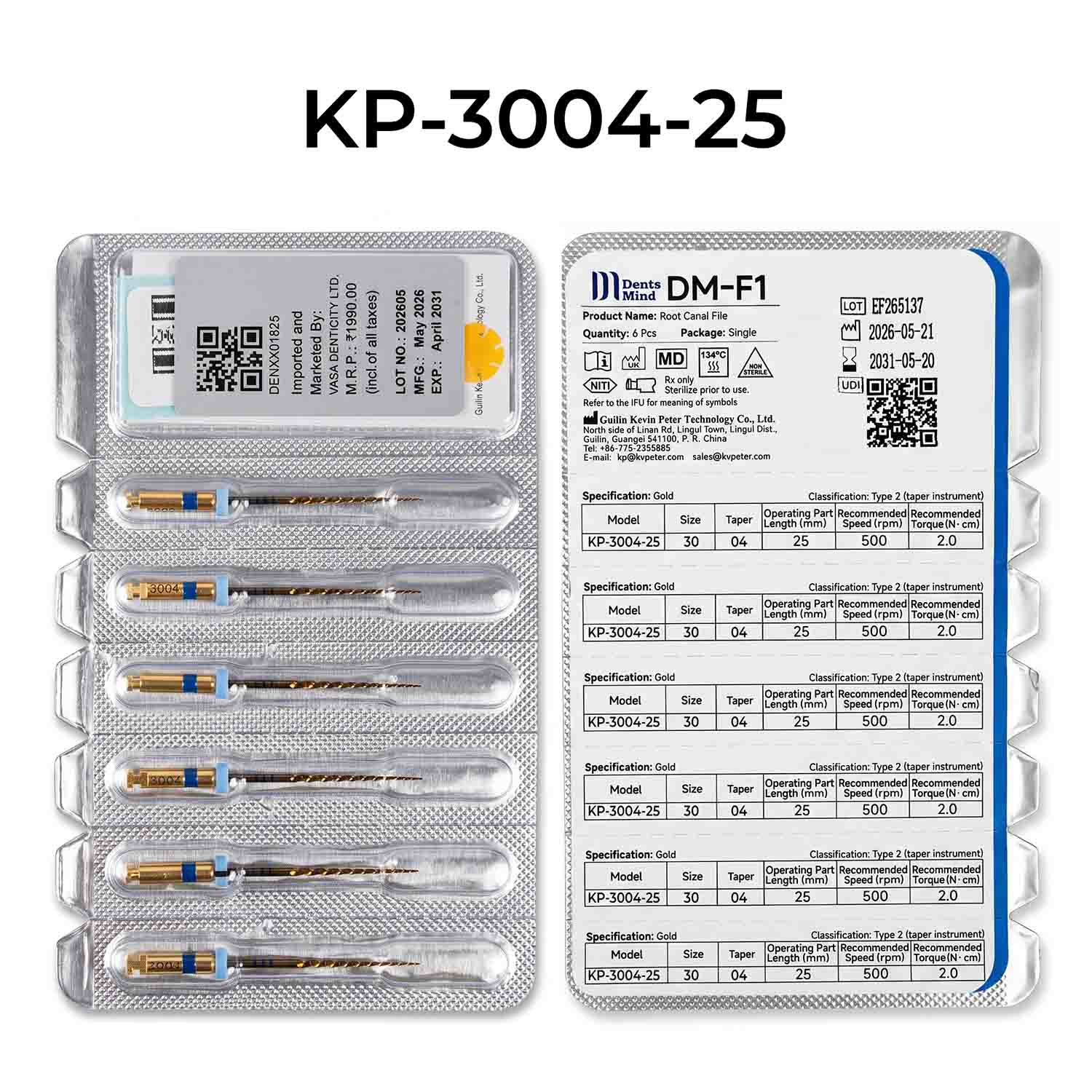 DentsMind DM-F1 NiTi Gold Rotary Files 25mm - 30/4% (Pack of 6)