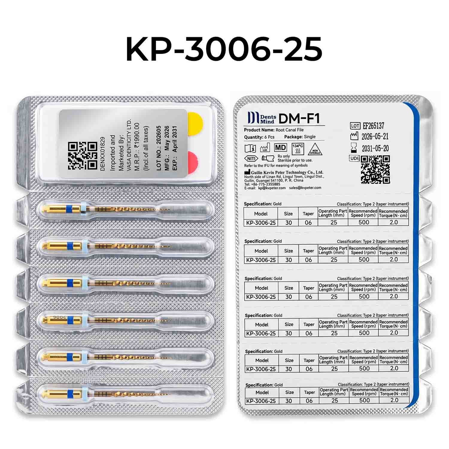DentsMind DM-F1 NiTi Gold Rotary Files 25mm - 30/6% (Pack of 6)