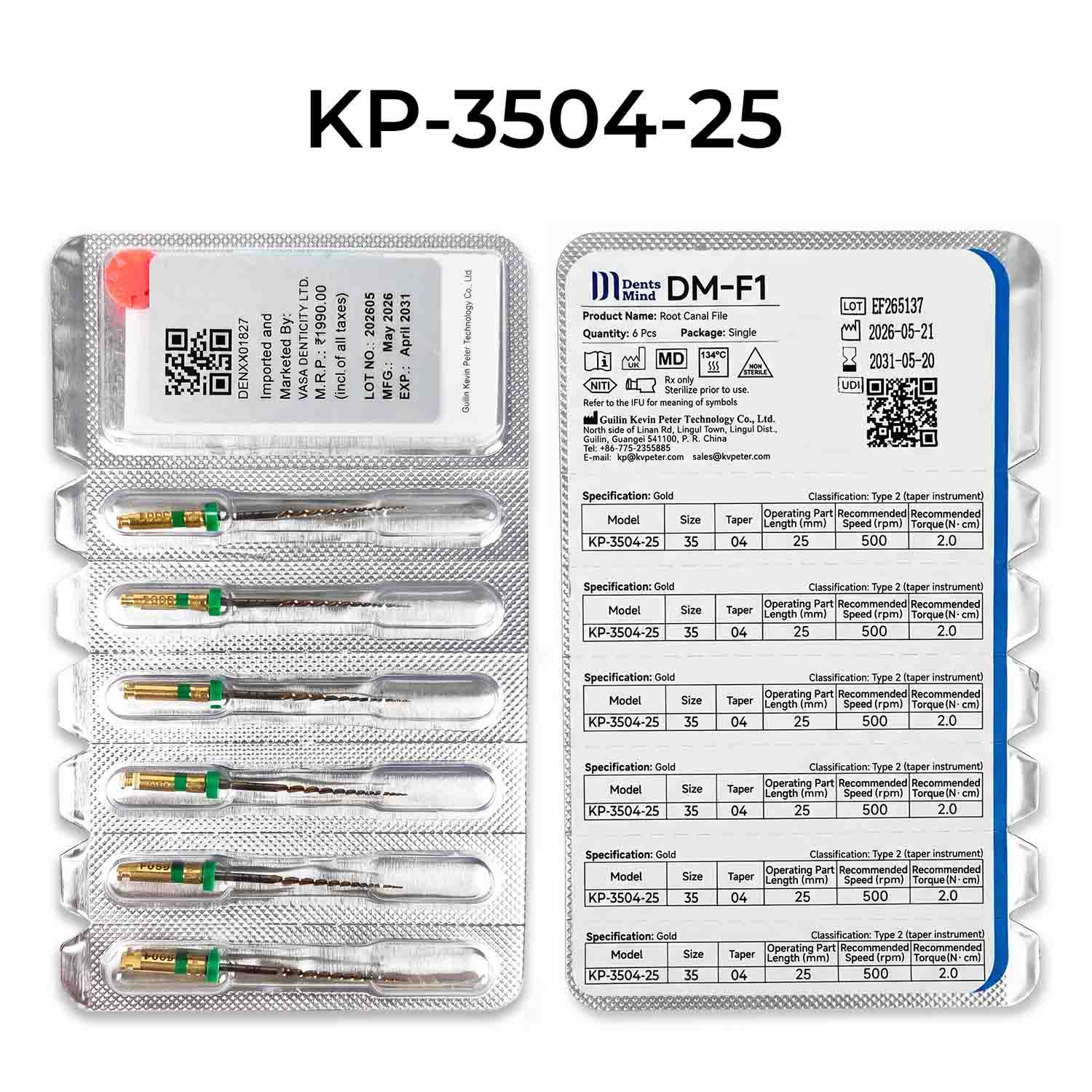 DentsMind DM-F1 NiTi Gold Rotary Files 25mm - 35/4% (Pack of 6)