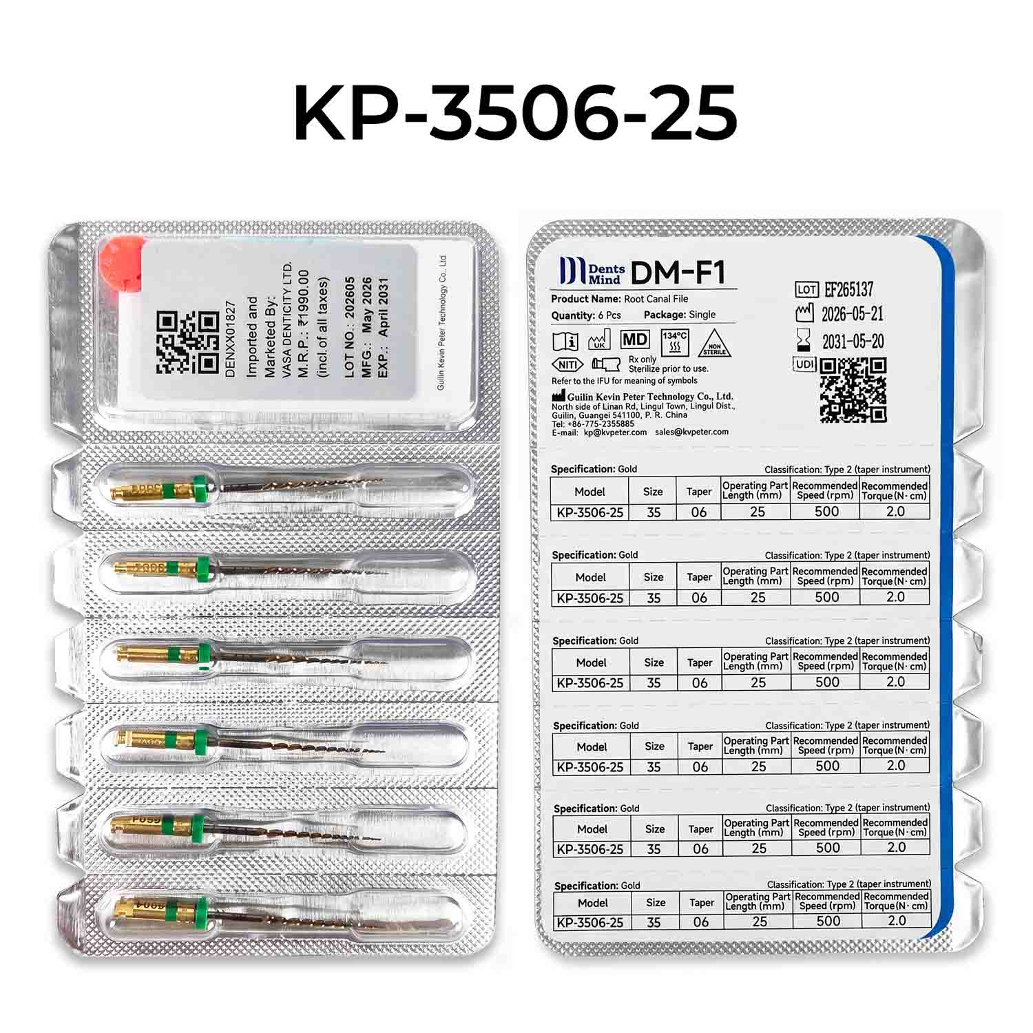 DentsMind DM-F1 NiTi Gold Rotary Files 25mm - 35/6% (Pack of 6)