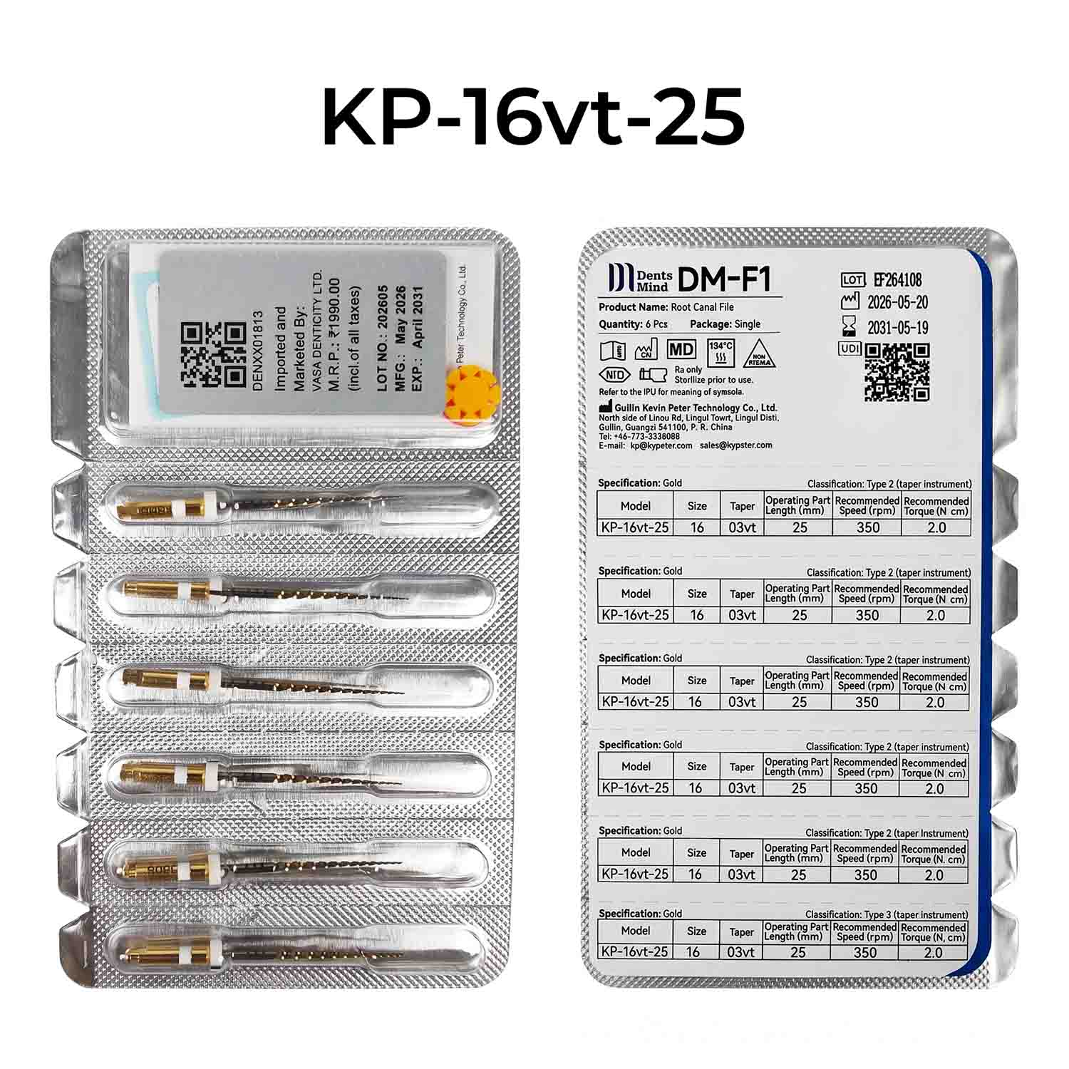 DentsMind DM-F1 NiTi Gold Rotary Files 25mm - Path 16/.Vt (Pack of 6)