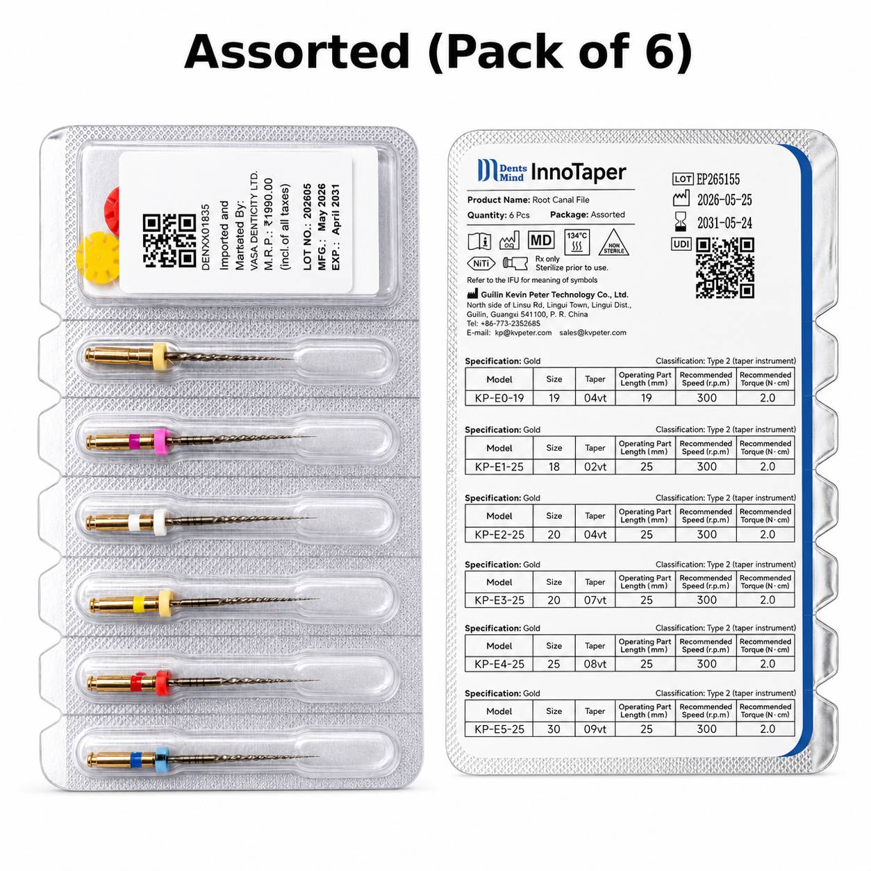 DentsMind InnoTaper NiTi Gold Rotary Files 25mm - Assorted (Pack of 6)