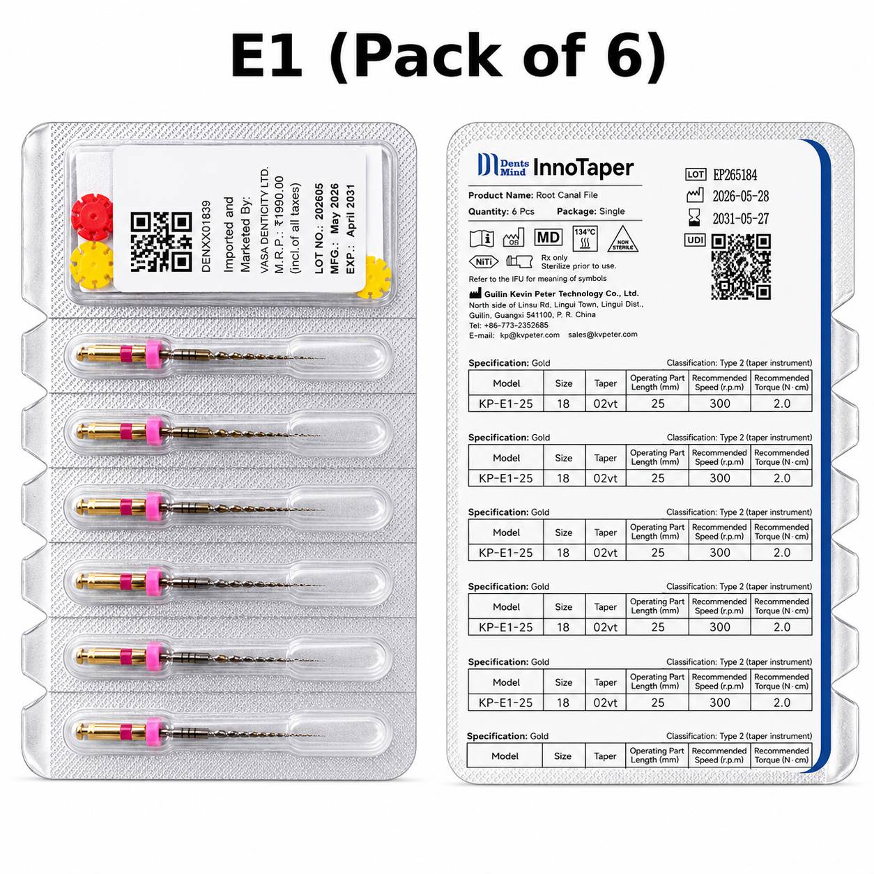 DentsMind InnoTaper NiTi Gold Rotary Files 25mm - E1 (Pack of 6)