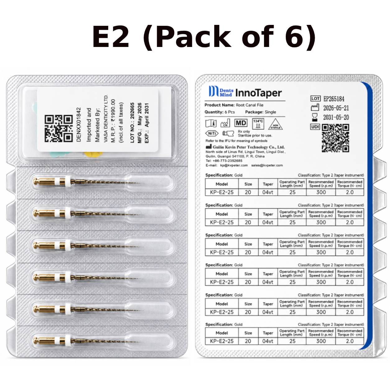 DentsMind InnoTaper NiTi Gold Rotary Files 25mm - E2 (Pack of 6)