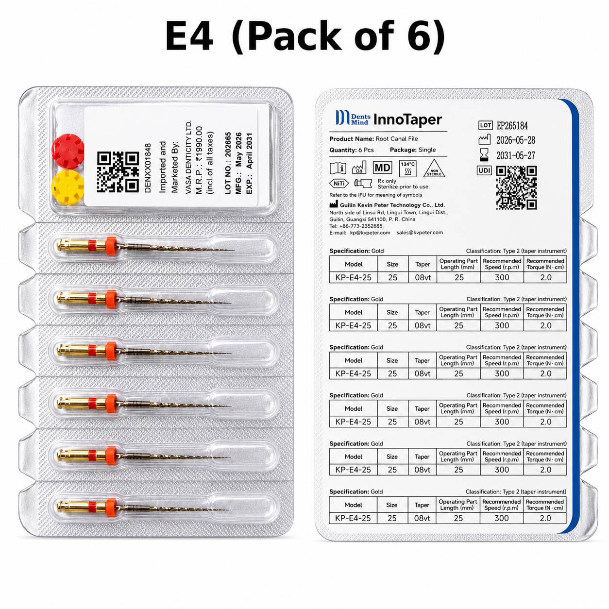 DentsMind Innotaper NiTi Gold Rotary Files 25mm - E4 (Pack of 6)