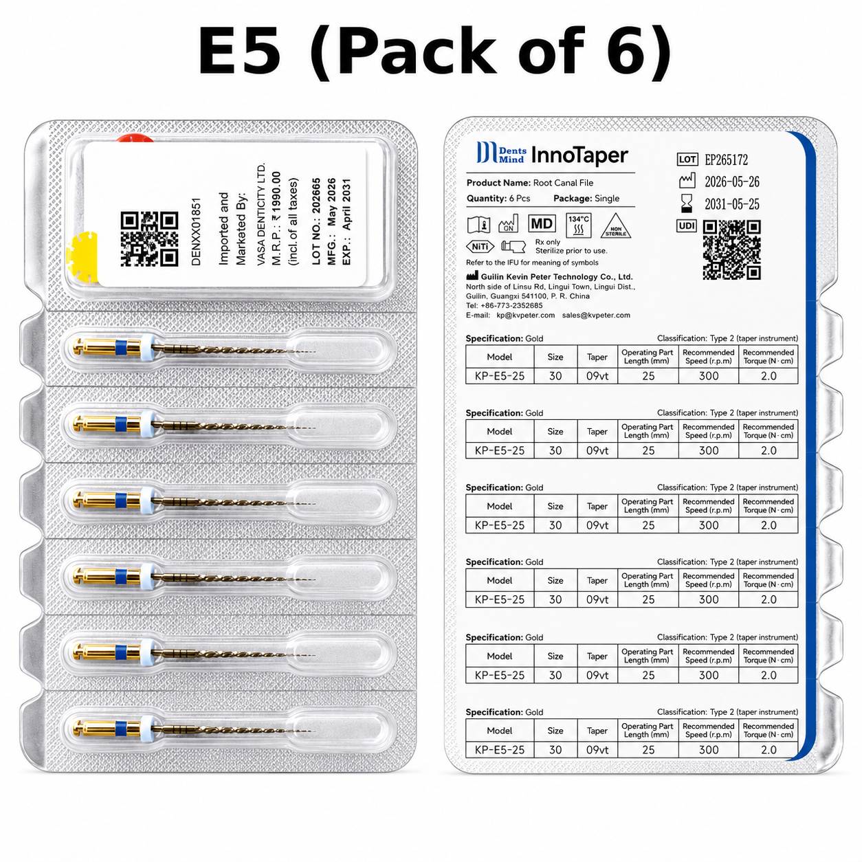 DentsMind Innotaper NiTi Gold Rotary Files 25mm - E5 (Pack of 6)