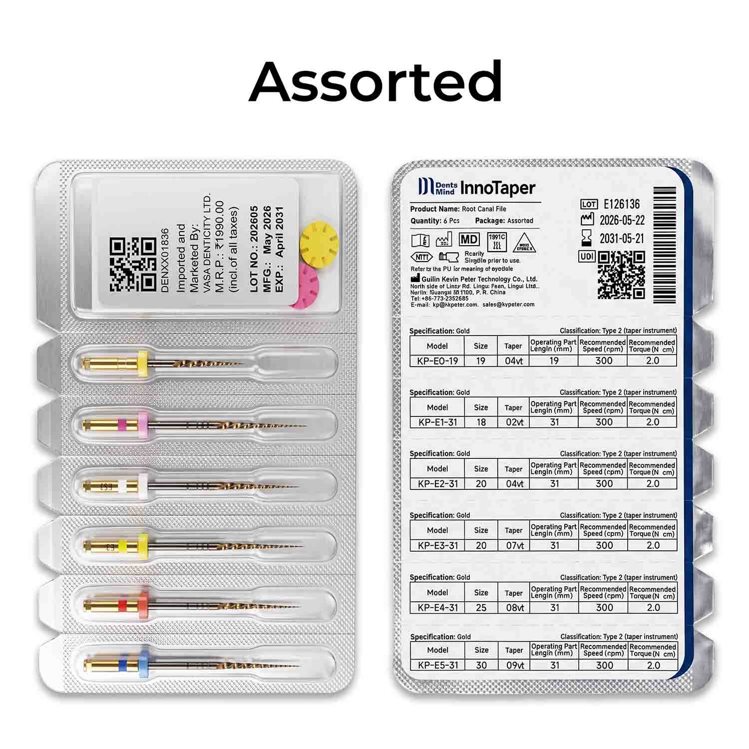 DentsMind InnoTaper NiTi Gold Rotary Files 31mm - Assorted (Pack of 6)