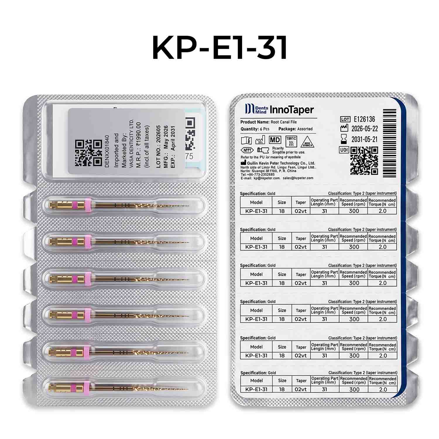 DentsMind InnoTaper NiTi Gold Rotary Files 31mm - E1 (Pack of 6)
