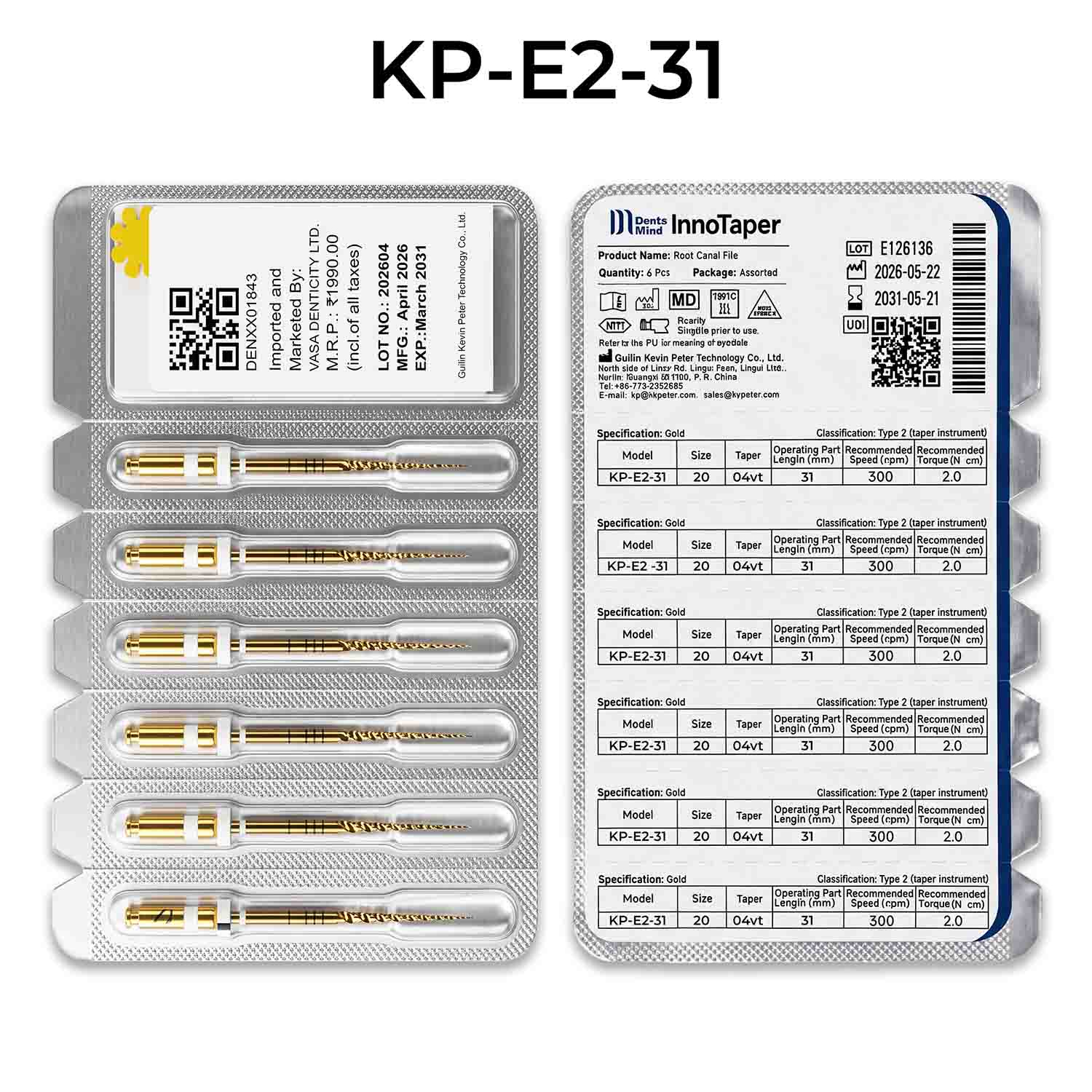 DentsMind InnoTaper NiTi Gold Rotary Files 31mm - E2 (Pack of 6)