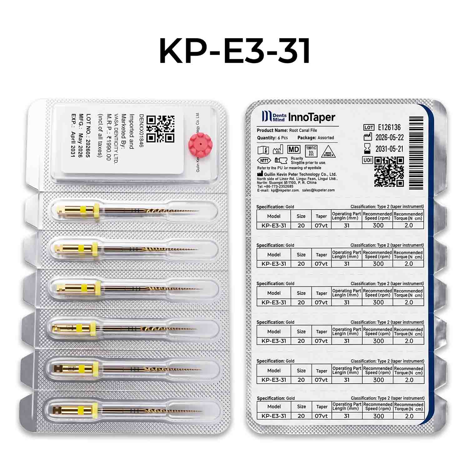 DentsMind InnoTaper NiTi Gold Rotary Files 31mm - E3 (Pack of 6)