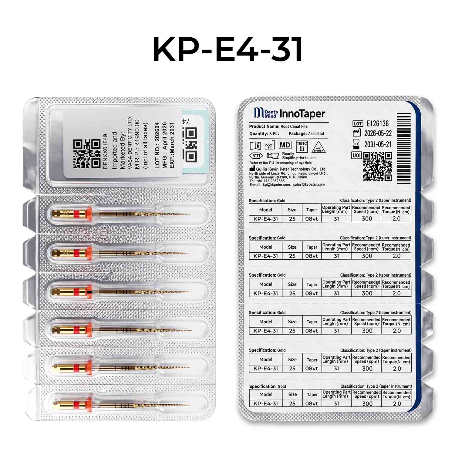 DentsMind InnoTaper NiTi Gold Rotary Files 31mm - E4 (Pack of 6)