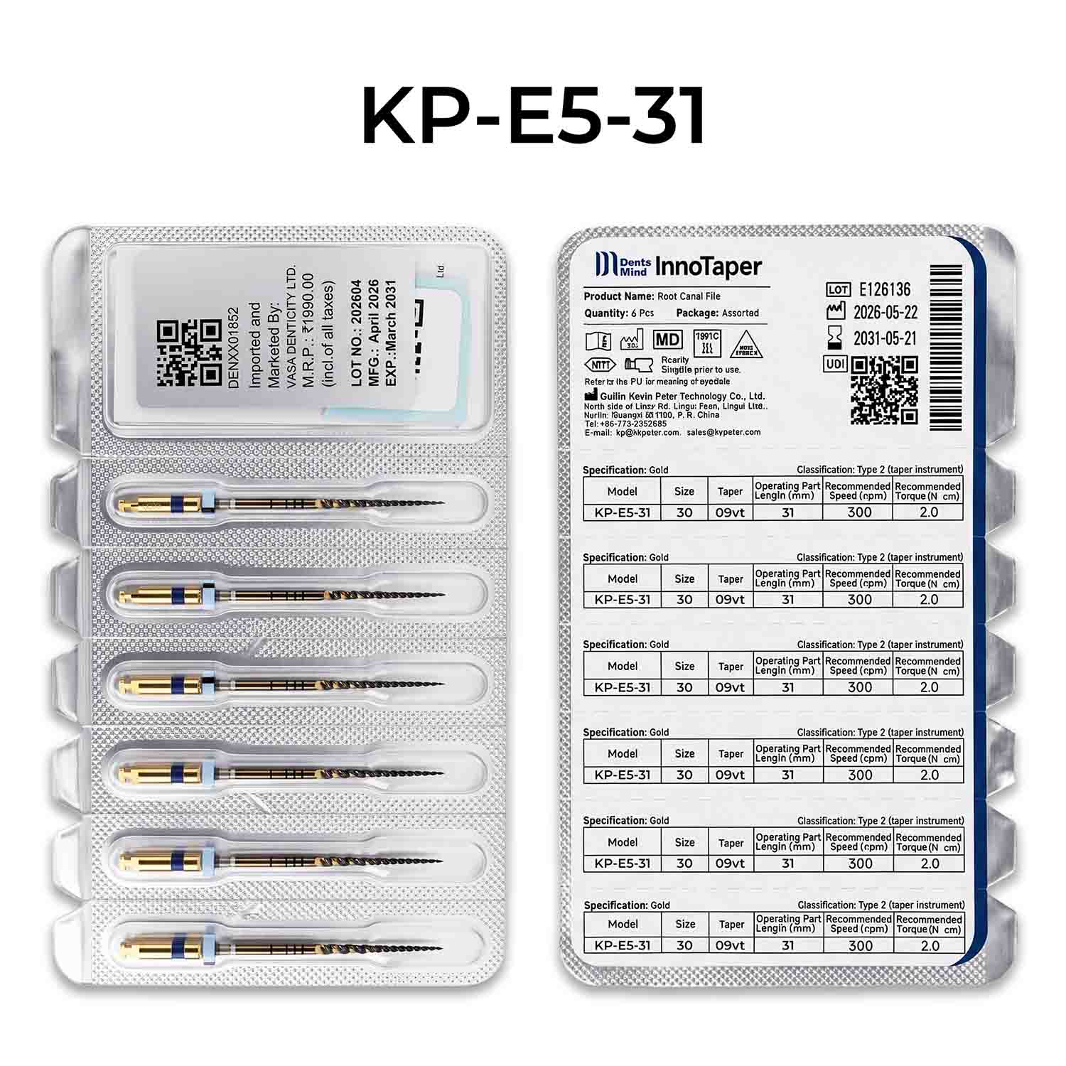 DentsMind InnoTaper NiTi Gold Rotary Files 31mm - E5 (Pack of 6)