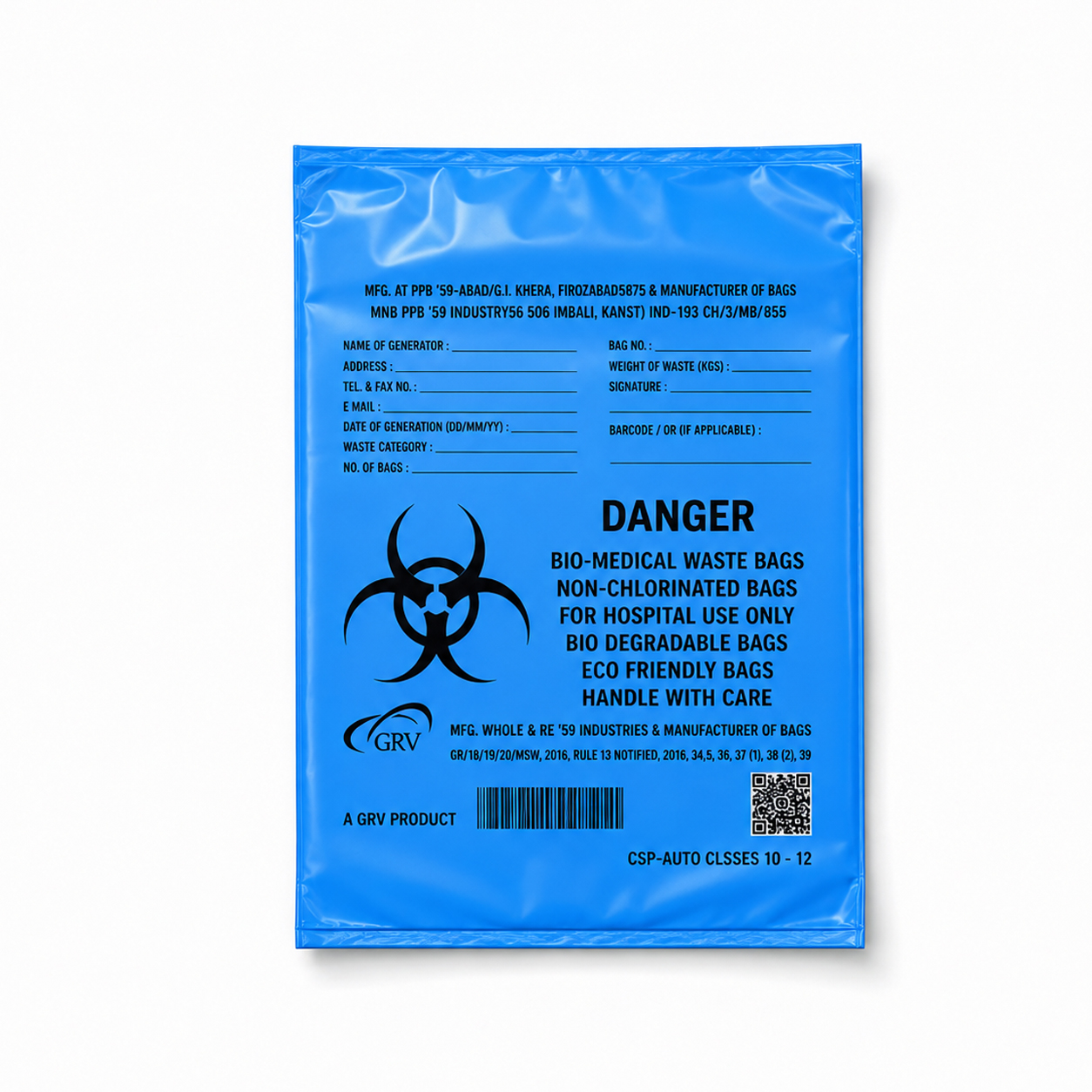 GRV's Non-Chlorinated Biomedical Waste Collection Disposable Bags Large - Blue (Biodegradable 47cm x 88cm)
