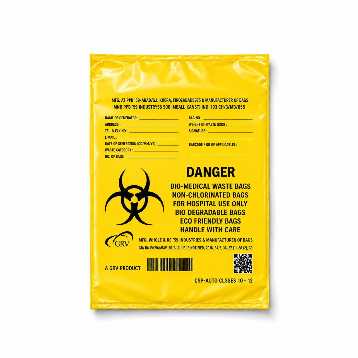 GRV's Non-Chlorinated Biomedical Waste Collection Disposable Bags Large - Yellow (Biodegradable 47cm x 88cm)