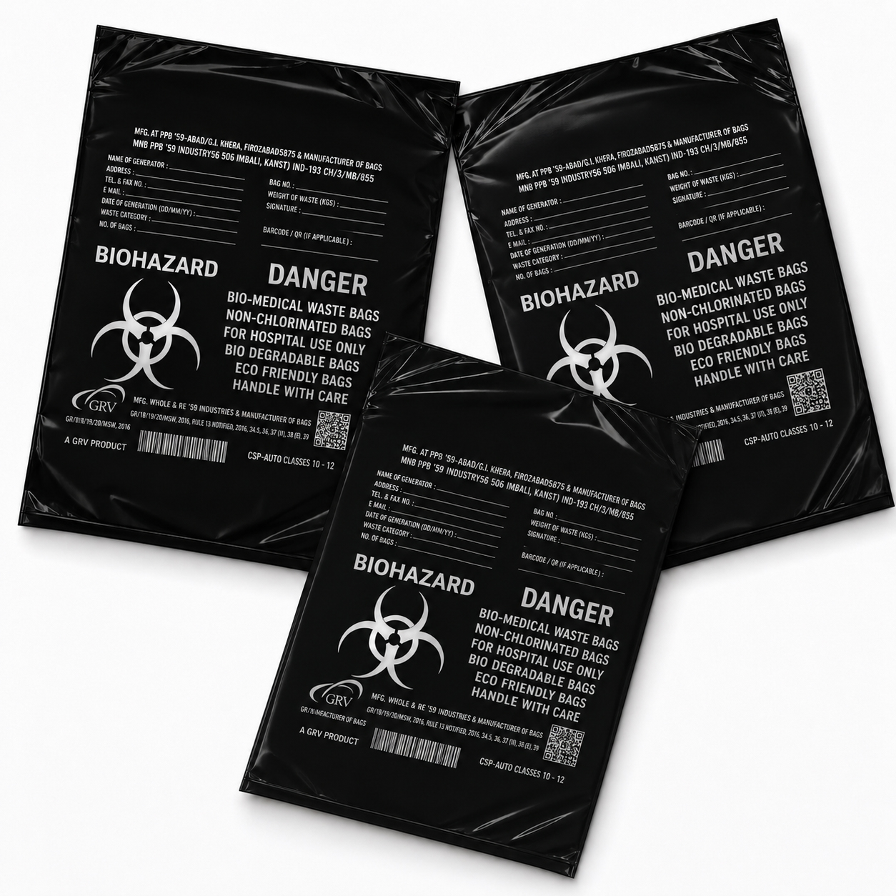 GRV's Non-Chlorinated Biomedical Waste Collection Disposable Bags Small - Black (Biodegradable 31cm x 54cm)