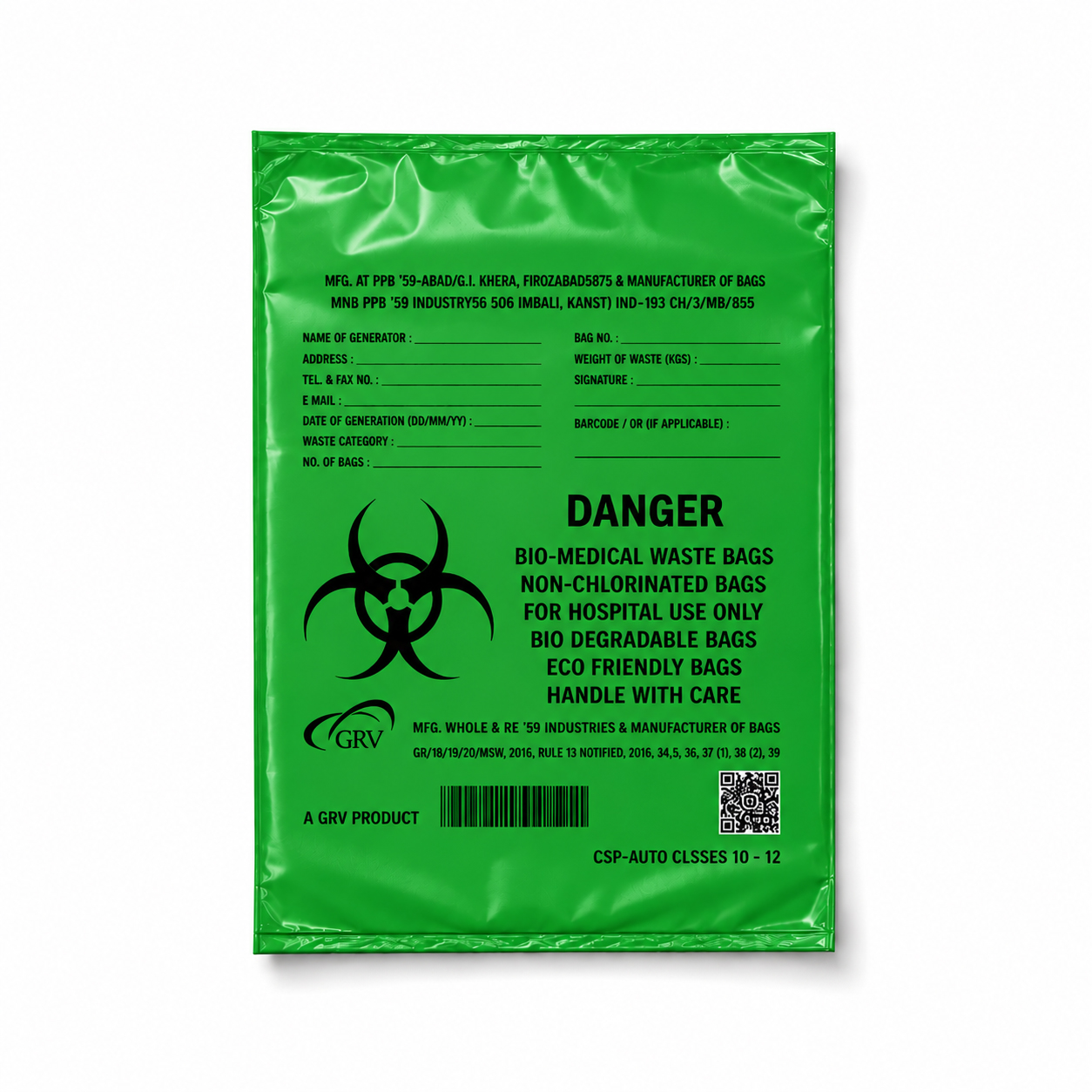 GRV's Non-Chlorinated Biomedical Waste Collection Disposable Bags Small - Green (Biodegradable 31cm x 54cm)