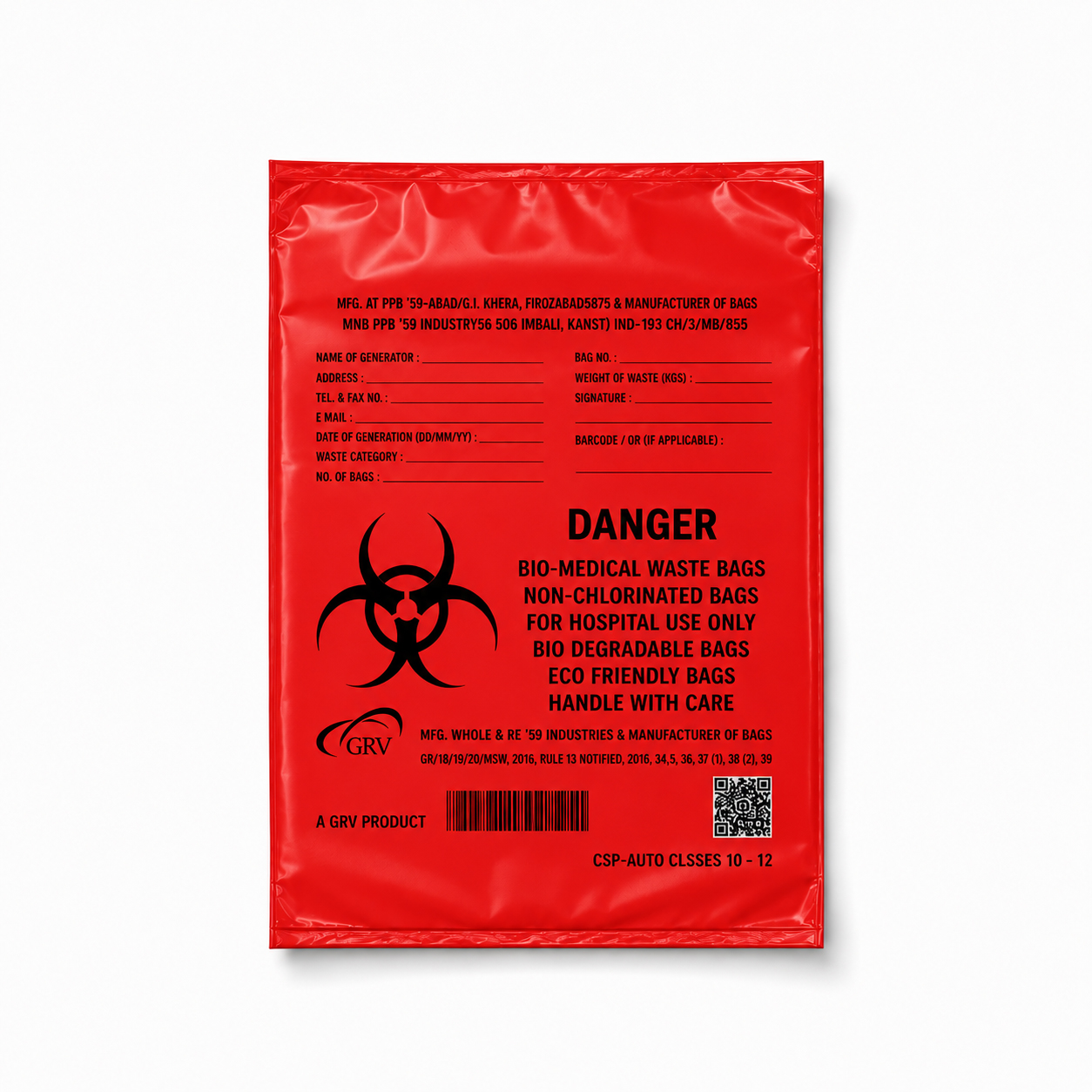 GRV's Non-Chlorinated Biomedical Waste Collection Disposable Bags Small - Red (Biodegradable 31cm x 54cm)