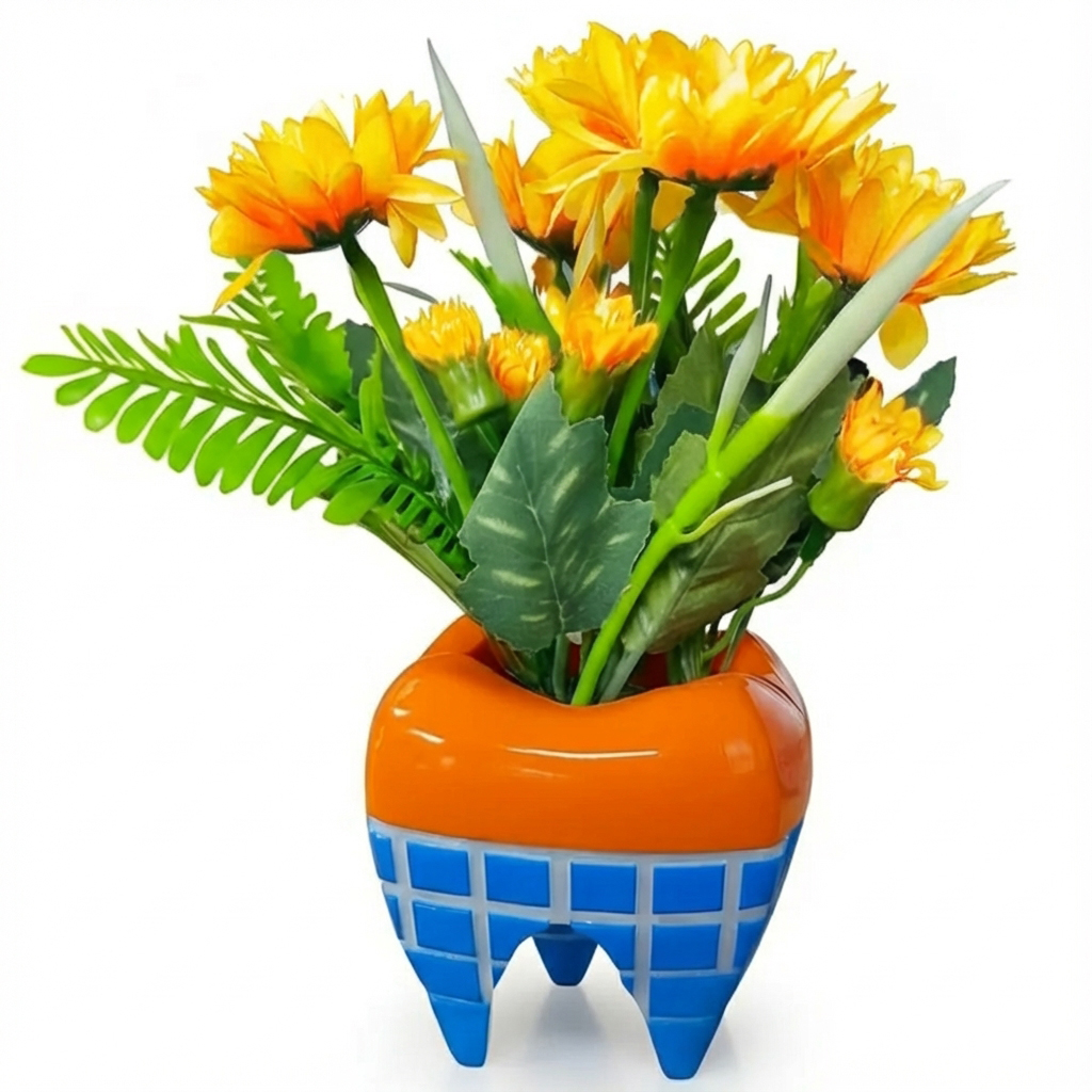 iDENTical Happy Molar Flowerpot With Artificial Orange Daisies