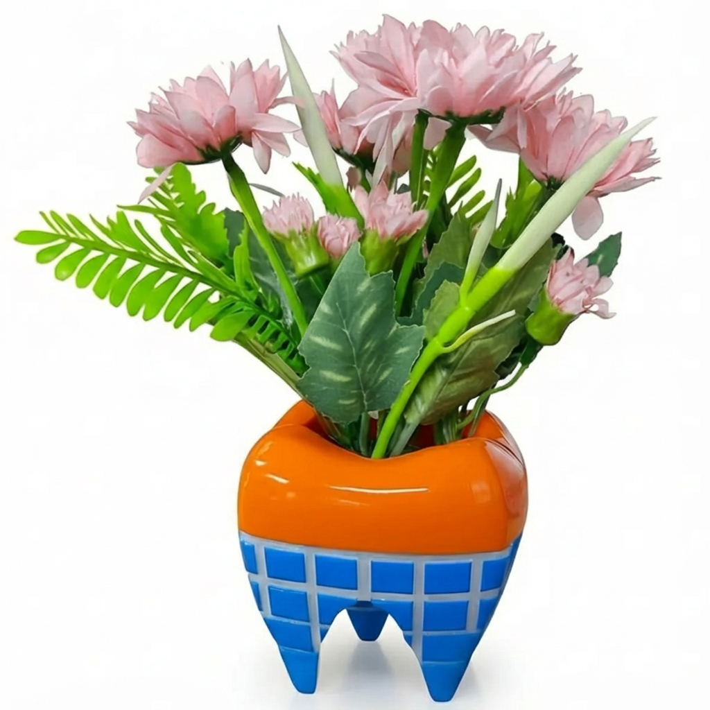 iDENTical Happy Molar Flowerpot With Artificial Pink Daisies