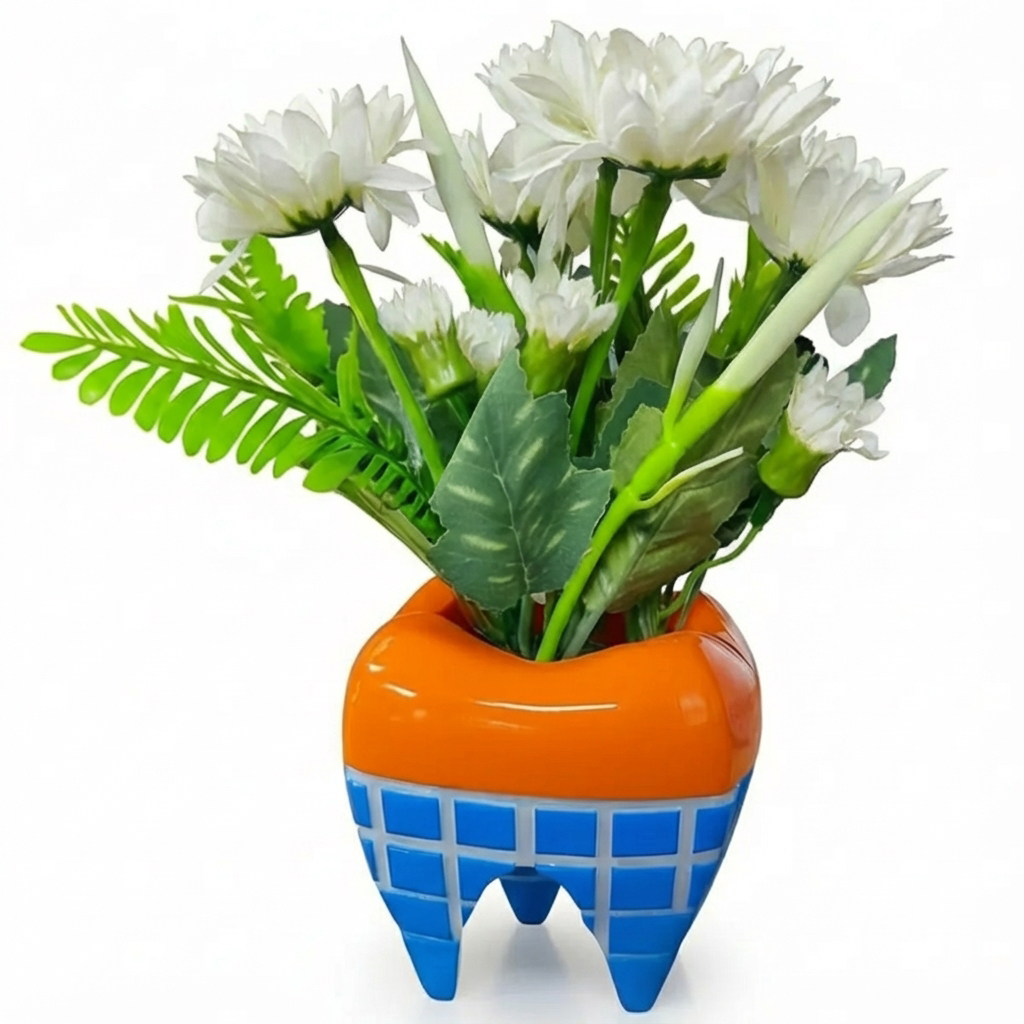 iDENTical Happy Molar Flowerpot With Artificial White Daisies