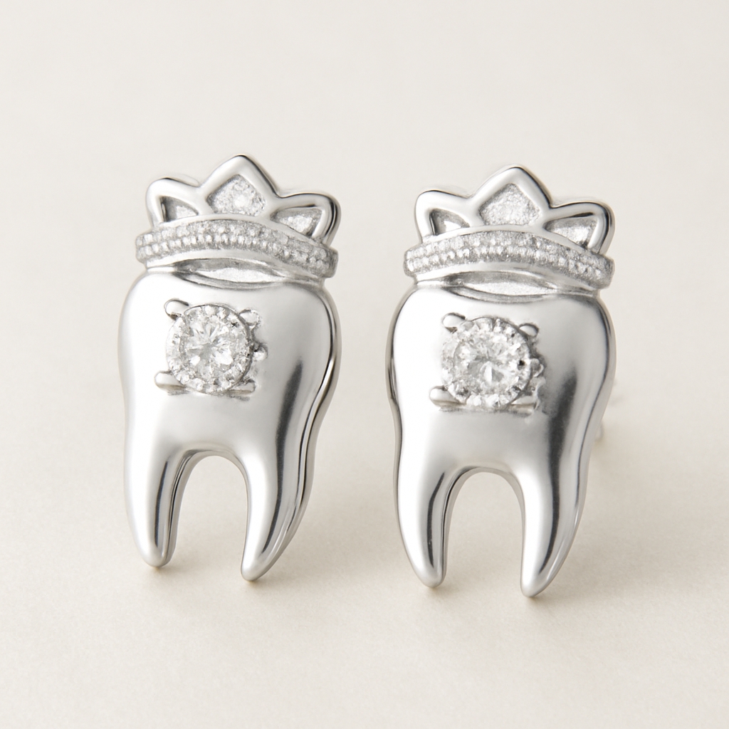 iDENTical Silver Crown With Diamond Tooth Shape Earrings - Pack Of 1 (ZYR-4074)