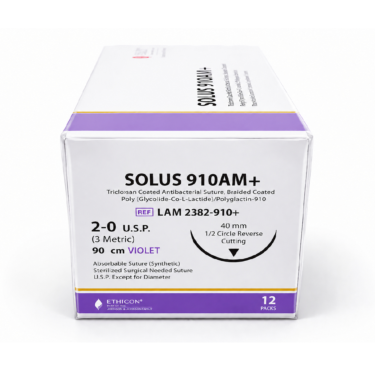 Lotus Solus 910 AM+ #2-0 Braided Reverse Cutting Polyglactin - 910 Suture With Triclosan LAM2382-910 (Pack of 12)