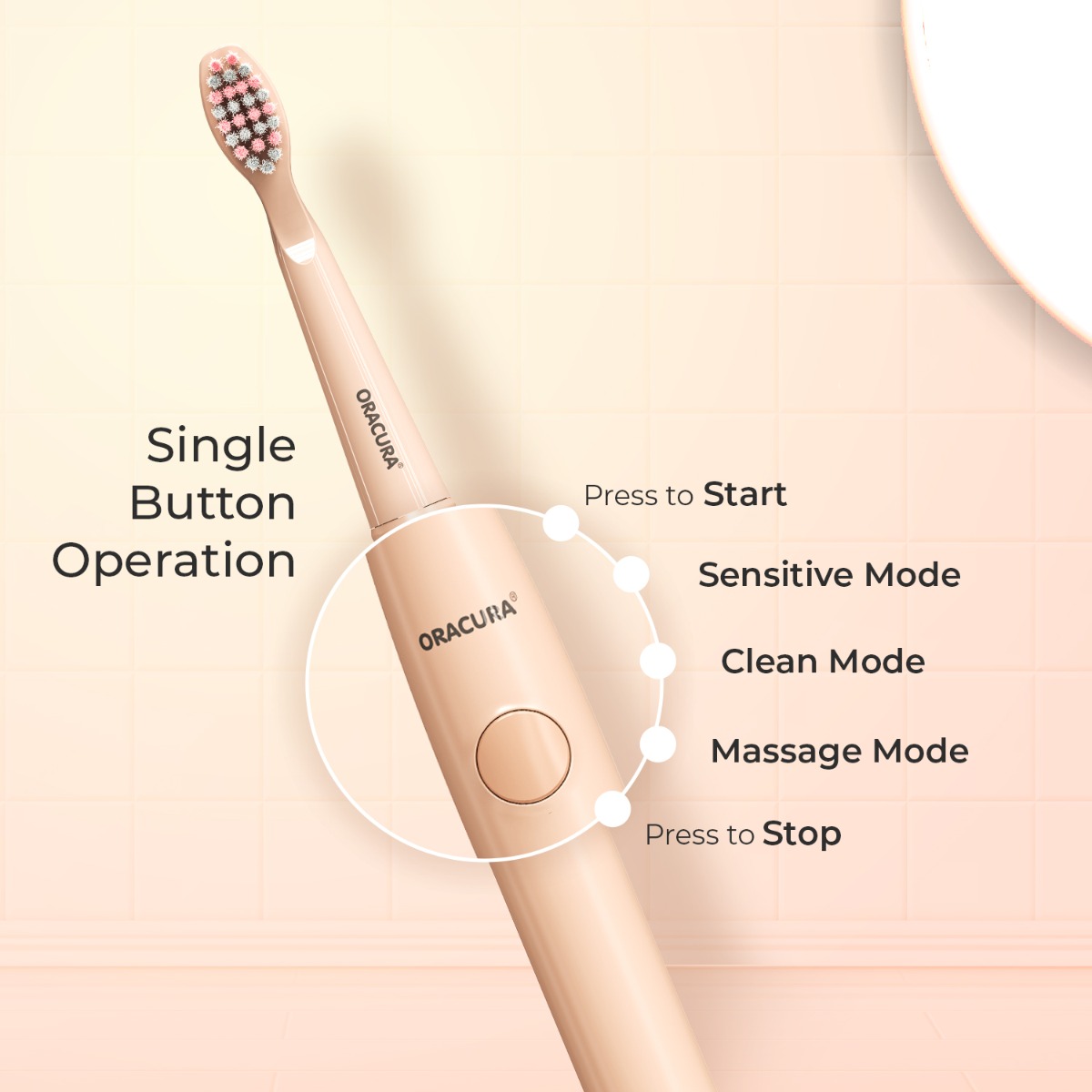 Oracura SB100 Sonic Lite Electric Battery Operated Toothbrush Peach (SB100PH)