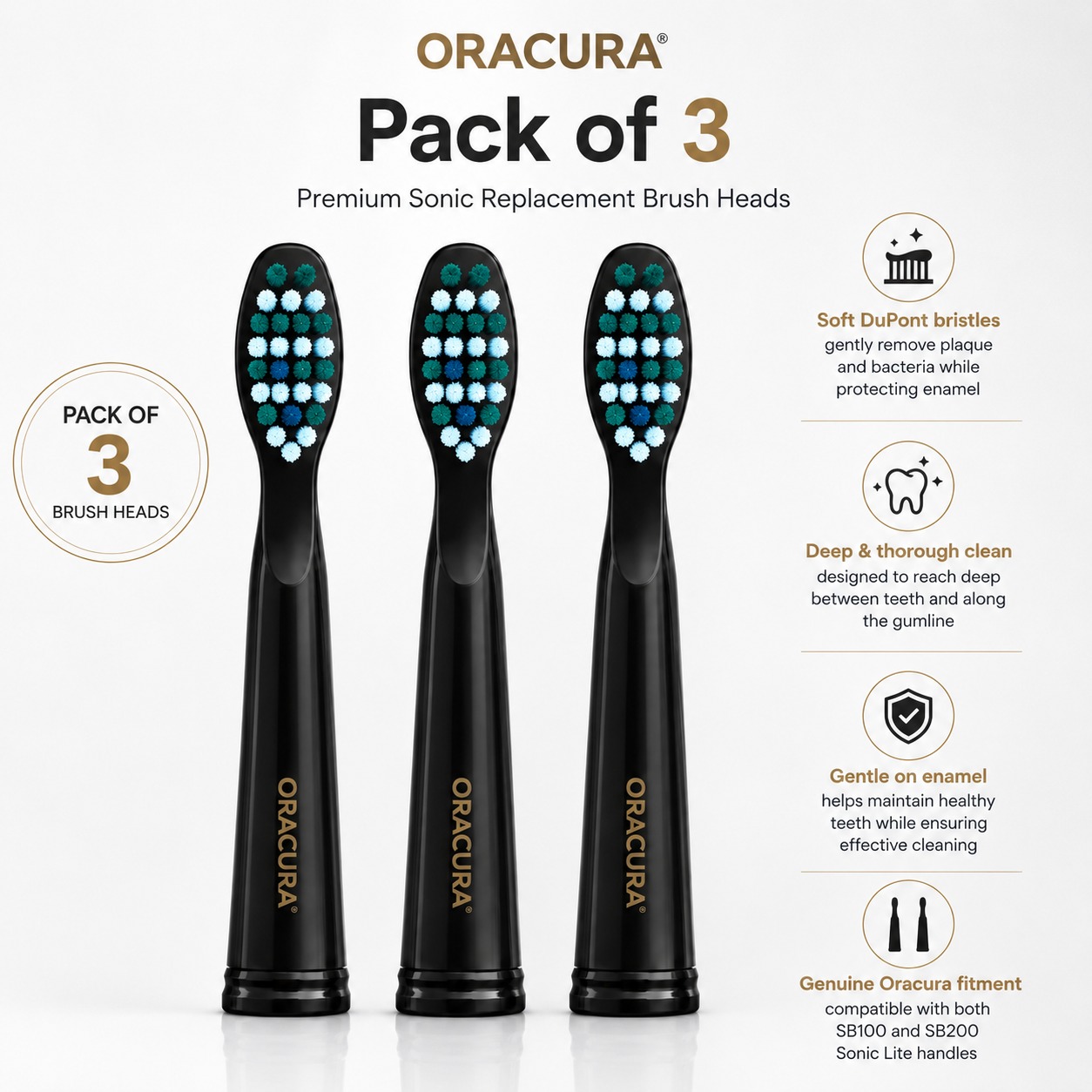 Oracura SB200 Sonic Lite Electric Toothbrush Heads - Black (Pack of 3)