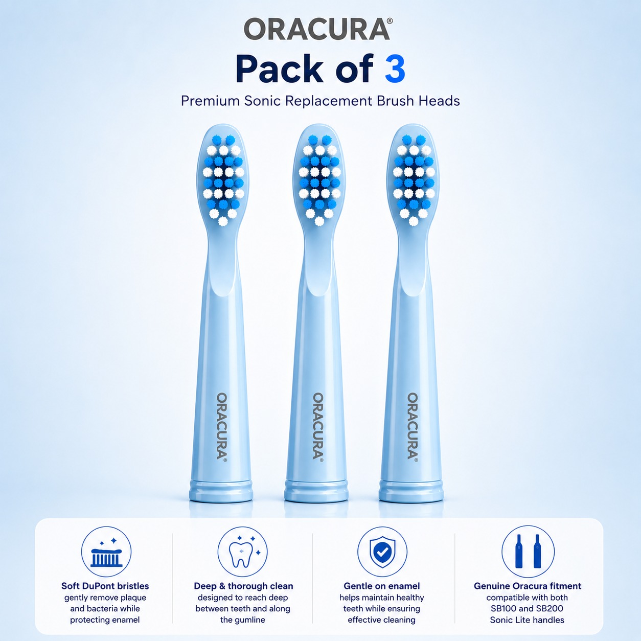 Oracura SB200 Sonic Lite Electric Toothbrush Heads - Blue (Pack of 3)