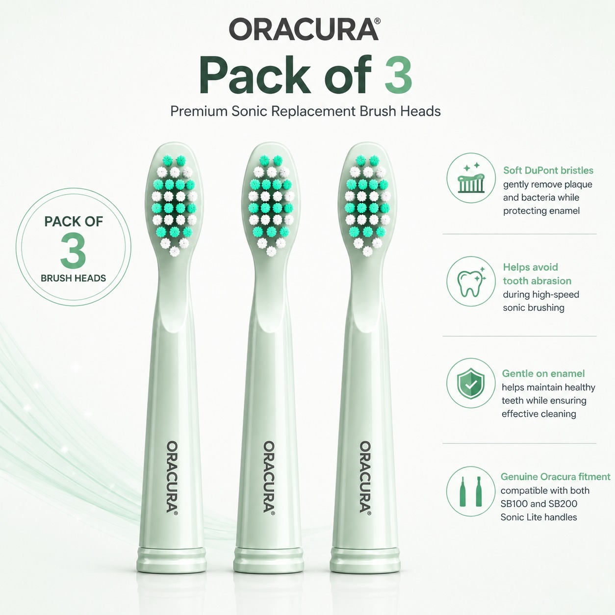 Oracura SB200 Sonic Lite Electric Toothbrush Heads - Green (Pack of 3)