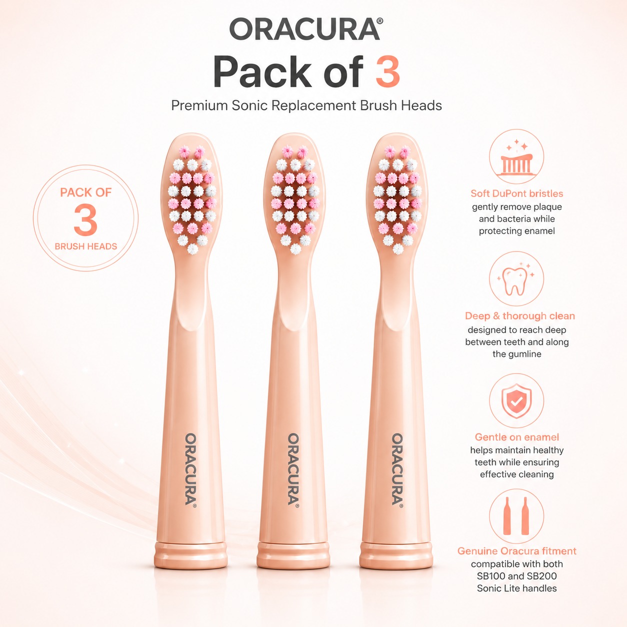 Oracura SB200 Sonic Lite Electric Toothbrush Heads - Peach (Pack of 3)