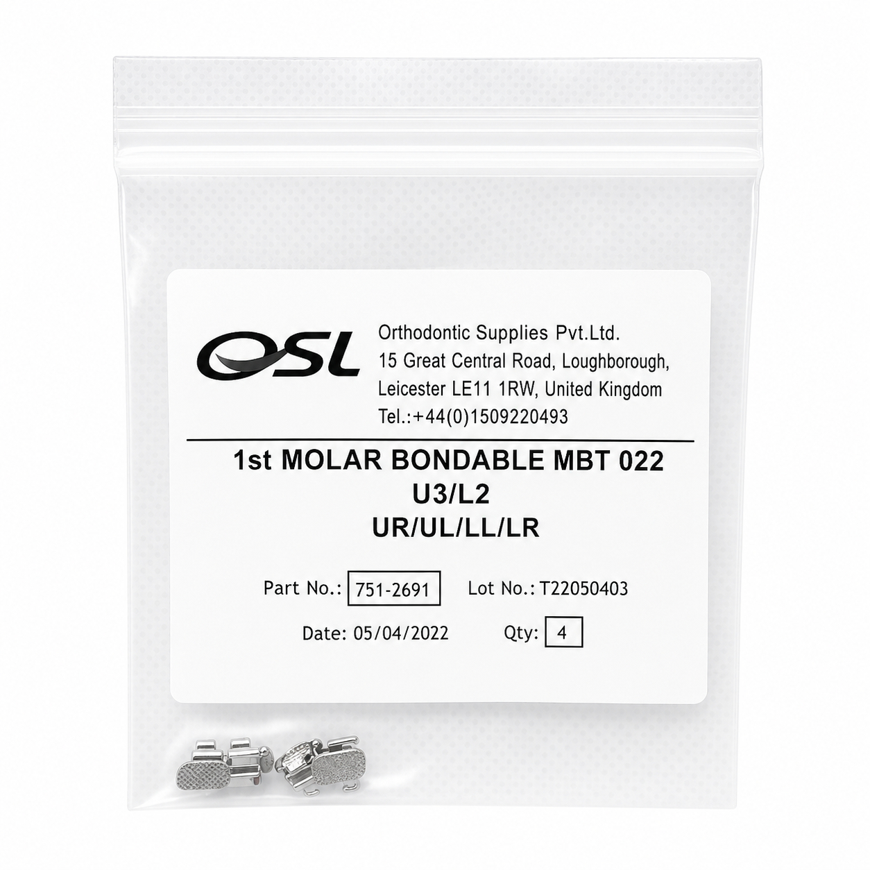 OSL 1st Molar Bondable Buccal Tube MBT 0.022 - U3/L2 (Pack Of 4)