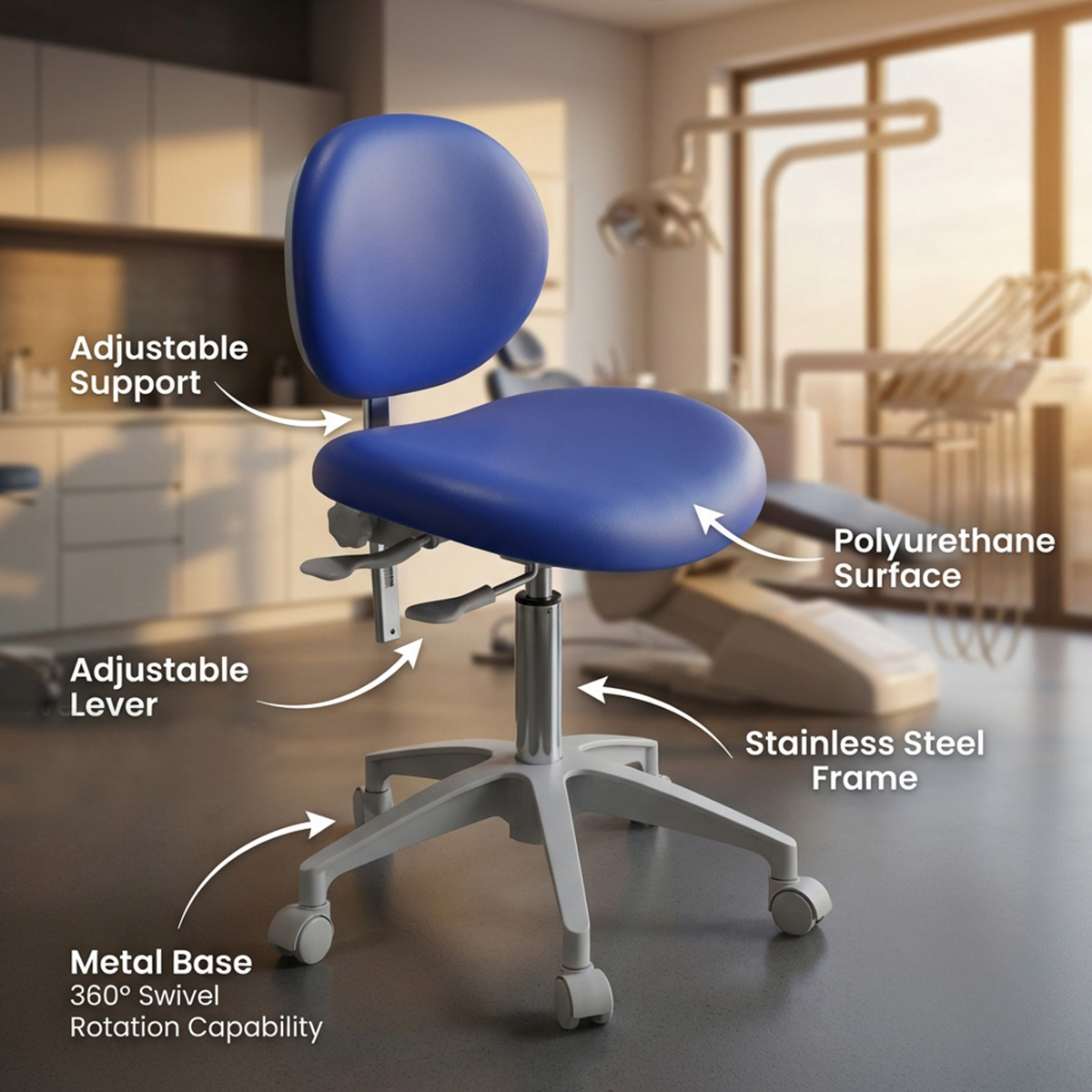 Sparedent Dental Stool With Backrest and Metal Base - Blue