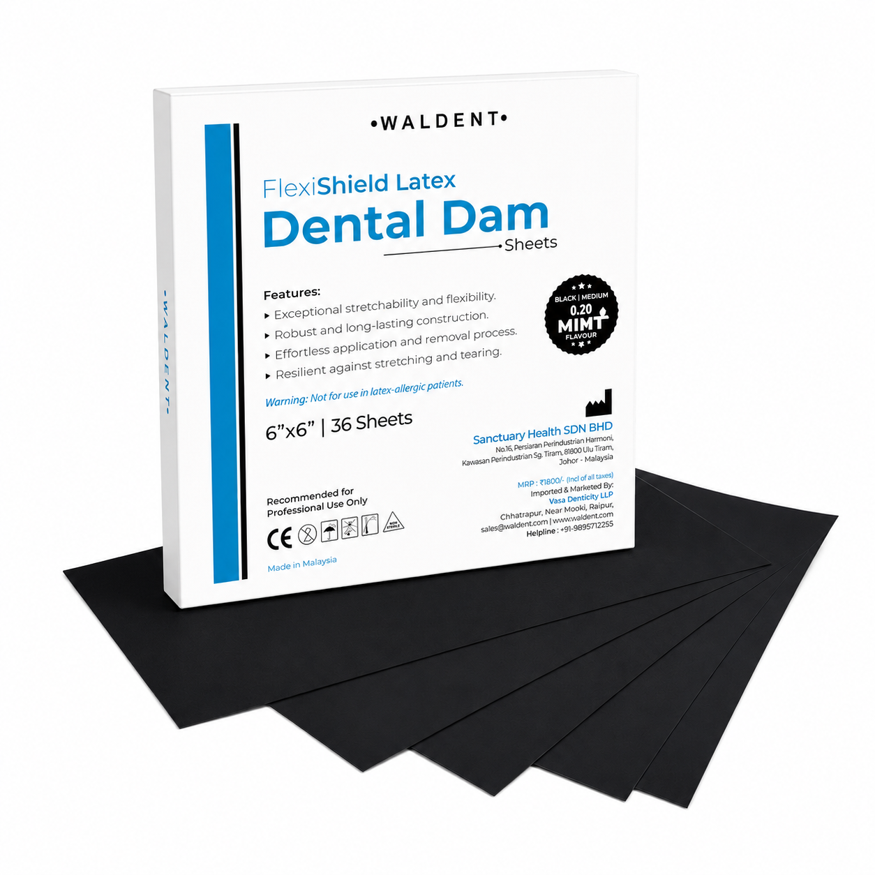 Waldent FlexiShield Rubber Dam Sheets Black (Sanctuary) - Medium (6" x 6")